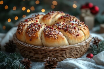 Basket filled with bread topped with cranberries.