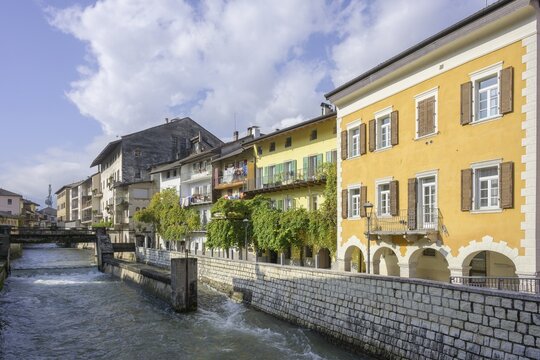 River Brenta and houses with arcades, Borgo Valsugana, Trentino, Italy