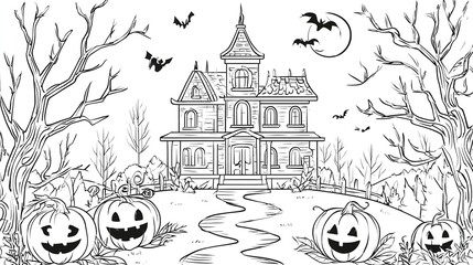 Halloween Coloring Page: Haunted House, Pumpkins and Spooky Trees Line Art with Bold Outlines
