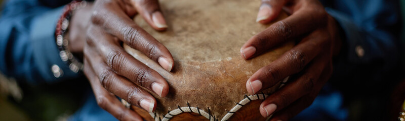 Obraz premium Website header shot of Black adult man playing traditional drum with both hands during Kwanzaa celebration, close up of hands on drum surface emphasizing cultural heritage and festive activity