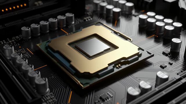 Golden Central Processing Unit on Black Motherboard with Silver Capacitors Electronic Components and Clean Background