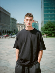 Fototapeta premium A male model wearing a black over-sized t-shirt with street style. A product shot for fashion and apparel. best use for mockup.