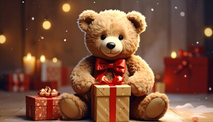 A cuddly teddy bear sits amid festive gifts and gentle snowfall, against a warm, blurred backdrop of twinkling lights