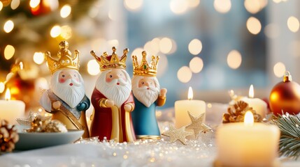 Three regal figures with crowns, surrounded by festive decorations and soft glowing lights
