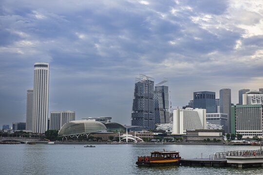 View over Marina Bay to skyscrapers, Singapore, Republic of Singapore