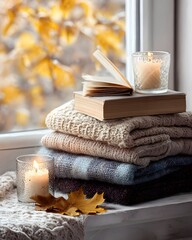 Cozy autumn still life: Books, candles and sweaters by the window with vibrant leaves