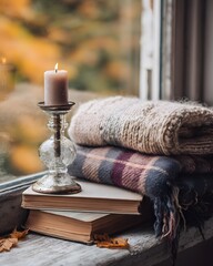 Cozy autumn window scene with burning candle, books, and warm textures