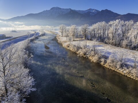 River, morning light, fog, hoarfrost, mountains, winter, snow, aerial view, Loisach, view of Herzogstand, Heimgarten, Alpine foothills, Bavaria, Germany