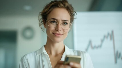 female entrepreneur holding smartphone with upward candlestick chart positive stock gains reflection soft tick of analog clock nearby sense of steady growth three quarter wide - Powered by Adobe