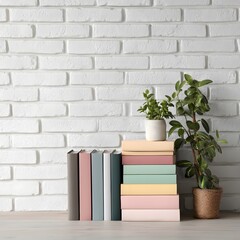 Elegant arrangement featuring books and plants against a serene white brick wall backdrop