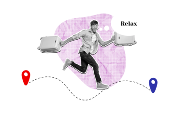 Creative trend collage of funny young man running hurry suitcase navigation relax summer vacation unusual fantasy billboard comics