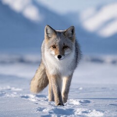 Naklejka premium Fox walking in snow with mountains in winter background