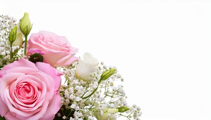 Pink Rose Eustoma And Gypsophila Flowers In A Corner Floral Arrangement Isolated On White Or Transparent Background