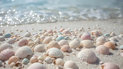 Fototapeta premium Coastal Symphony: An exquisite collection of pastel-hued seashells glistens on a sandy beach, as gentle waves caress the shore, evoking a sense of peace and tranquility. 
