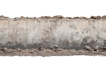 A close-up view of a weathered concrete wall with exposed dirt and soil at the base. the texture and age of the material. ideal for construction or renovation projects