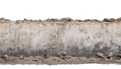 A close-up view of a weathered concrete wall with exposed dirt and soil at the base. the texture and age of the material. ideal for construction or renovation projects