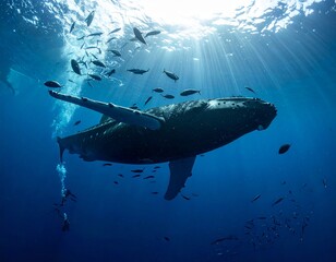 Fototapeta premium Majestic Whale in Blue Depths: A colossal whale gracefully navigates the deep blue ocean, its immense form silhouetted against the radiant sunbeams that pierce the water's surface.