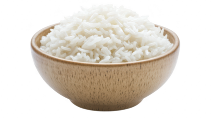 A close-up view of a wooden bowl filled with fluffy. white rice. its texture and color against a plain background. ideal for culinary or food-related content