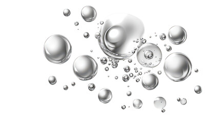 A collection of transparent. reflective water droplets of various sizes scattered across a soft white background. creating a serene and clean aesthetic suitable for backgrounds or product displays