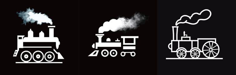 Various artistic representations of steam locomotives highlight unique designs and styles. Each train showcases distinct features using contrasting colors and shapes.