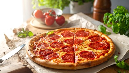 A close-up shot displays a freshly baked pepperoni pizza, expertly sliced, on a rustic wooden table, with tomatoes & basil