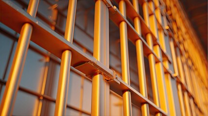 a close up view of an orange prison gate