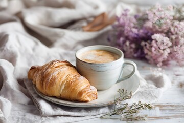 Delicious croissant and creamy cappuccino, a delightful morning treat on the table