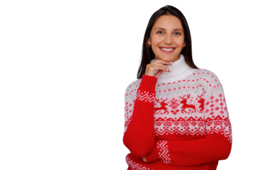 Woman smiling in festive christmas sweater with reindeer design, standing cheerful for holiday season