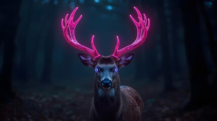 Fototapeta premium Illuminated Deer in Enchanted Forest: A majestic deer with radiant, neon antlers and glowing eyes stands amidst the mystical darkness of an enchanting forest, bathed in an ethereal glow. 