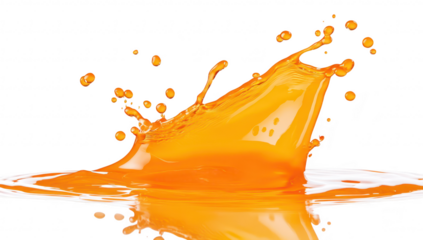 A splash of orange liquid against a white background. capturing the moment of impact and the dynamic movement of droplets. ideal for food and beverage concepts