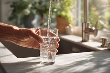 Refreshing hydration: filling a glass with pure water from a modern kitchen faucet