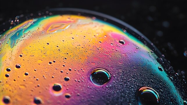 Close-up of a colorful soap bubble with water droplets against a dark background.