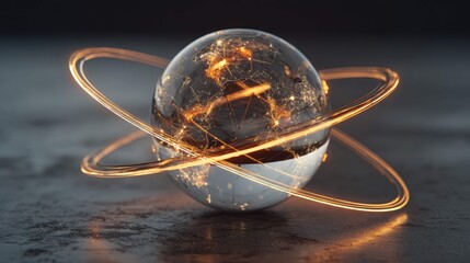 an artistic representation of an atom like world encircled by cosmic rings