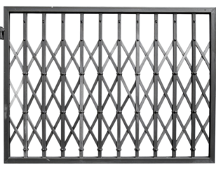 A metallic security gate featuring a geometric pattern of crisscrossed bars, designed for protection and enclosure.