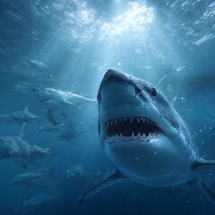 Obraz premium Great white shark with open mouth and teeth, aggressive and dangerous underwater predator, with sunlight rays in the deep blue ocean