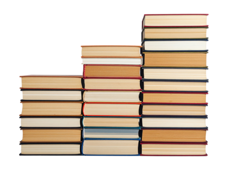 A stack of books arranged in a staggered formation, showcasing various colors and sizes, emphasizing their structured display.