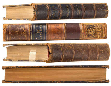 A collection of vintage books with worn spines and gilded lettering, showcasing their aged and historical appearance. - Powered by Adobe