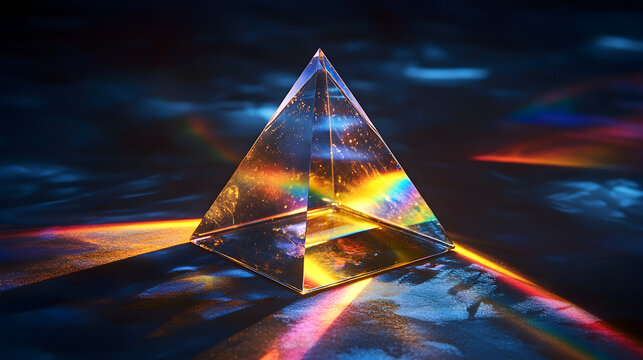 Optical prism used in scientific light experiments, transparent glass tool demonstrating refraction, rainbow spectrum, and educational physics principles for teaching and laboratory demonstrations