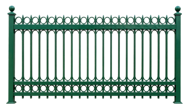 A decorative green metal fence featuring vertical bars and circular designs.