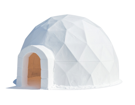 A geodesic dome structure made of snow, featuring a rounded shape and an arched doorway.