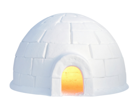 A snow dome structure made of ice blocks with a warm glow emanating from the entrance.
