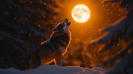 Wolf howling at the moon in a snowy forest