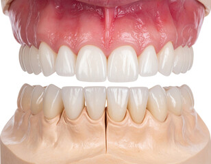 Obraz premium A detailed dental comparison showcasing upper and lower teeth, highlighting alignment and aesthetics against a black background.