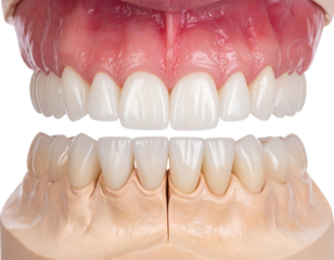A detailed dental comparison showcasing upper and lower teeth, highlighting alignment and aesthetics against a black background.