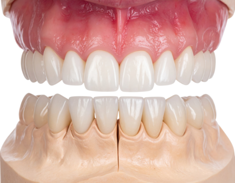 A detailed dental comparison showcasing upper and lower teeth, highlighting alignment and aesthetics against a black background.