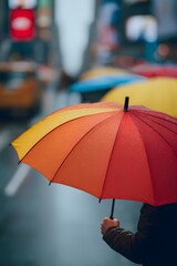 Vibrant umbrella under city lights, reflecting diverse moods in urban setting