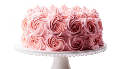 A beautifully crafted pink rose-patterned cake displayed on an elegant white pedestal. intricate frosting designs. perfect for celebrations. with a soft white background enhancing its charm