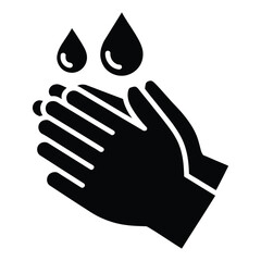 Black and white icon of hands being washed with water droplets, symbolizing hygiene, cleanliness, health safety, and disease prevention