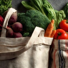 Abundance of fresh produce spilling from reusable shopping bags, sustainable living