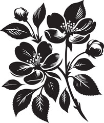 Silhouette of apple or cherry flower with leaf, branch blossom, vector, black color, isolated 
